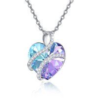 wholesale 925 Sterling Silver Blue & Purple Heart Crystal Pendant Necklace for Women- Rhodium Plated