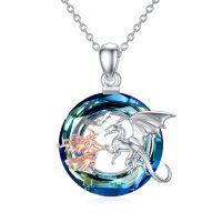 wholesale 925 Sterling Silver Blue Crystal Witch & Dragon Pendant Necklace for Women- Sliver Plated