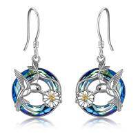wholesale 925 Sterling Silver Crystal Blue Hummingbird and Daisy Drop Earrings for Women- Rhodium And Gold Plated