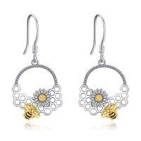 wholesale 925 Sterling Silver Bee and Daisy Dangle Earrings for Women- Two Tone