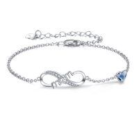 wholesale 925 Sterling Silver Mother's Day Infinity Heart Charm Bracelet with Blue Crystal Stone for Women- Rhodium Plated