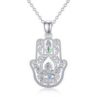 wholesale 925 Sterling Silver Filigree Hamsa Tree of Life Blue Crystal Evil Eye Pendant Necklace- Sliver Plated