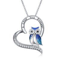 wholesale 925 Sterling Silver Blue Enamel Owl Pendant with I Love You Message Necklace Gifts for Women- Sliver Plated