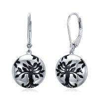wholesale 925 Sterling Silver Black Abalone Shell Tree of Life Drop Earrings for Women- Sliver Plated