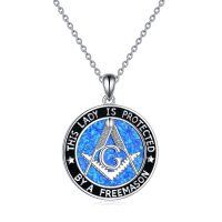 wholesale 925 Sterling Silver Blue Opal Abalone Freemason Pendant Necklace for Men & Women- Sliver Plated