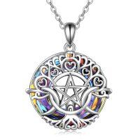 wholesale 925 Sterling Silver Rainbow Crystal Triple Moon Pentagram Pendant Necklace for Women- Sliver Plated