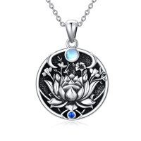 wholesale 925 Sterling Silver Round Lotus Evil Eye Pendant Necklace with Moonstone and Sapphire for Women- Oxidized/Oxidised