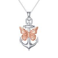 wholesale 925 Sterling Silver 925 Rose Gold Plated Anchor & Butterfly Pendant Necklace for Women- Rhodium And Rose Gold Plated