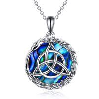 wholesale 925 Sterling Silver Blue Abalone Shell Triquetra Dragon Pendant Necklace- Rhodium Plated