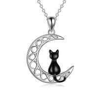 wholesale 925 Sterling Silver Black Cat on Crescent Moon Pendant Necklace for Women- Rhodium Plated