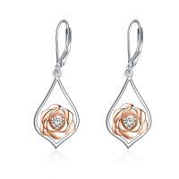 wholesale 925 Sterling Silver Rose Flower Drop Earrings with CZ Stones and Leverback Hooks for Women Girls  4cm Long- Rhodium And Rose Gold Plated