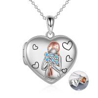 wholesale 925 Sterling Silver Heart-Shaped Memorial Girl and Flowers Photo Locket Pendant Necklace for Women- Rhodium And Rose Gold Plated
