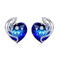wholesale 925 Sterling Silver Blue Crystal Dolphin Heart Stud Earrings for Women- Rhodium Plated