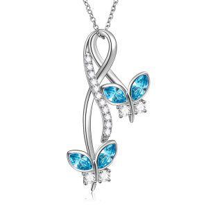 Sterling Silver Blue Crystal Butterfly Pendant Necklace-0