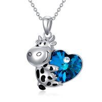 wholesale 925 Sterling Silver Blue Crystal Cow Heart Pendant Necklace for Women- Rhodium Plated