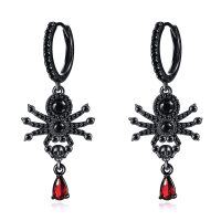 wholesale 925 Sterling Silver Black Spider Drop Earrings with Red Crystal Accents for Women- Black Rhodium Plated