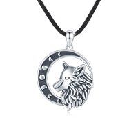 wholesale 925 Sterling Silver Crescent Moon Phase Wolf Head Pendant Necklaces for Men- Oxidized/Oxidised