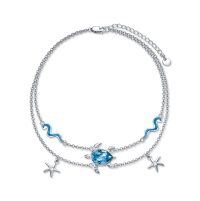 wholesale 925 Sterling Silver Sea Life Charm Anklet with Evil Eye & Starfish Adjusts to Fit 9-11 Feet- Rhodium Plated