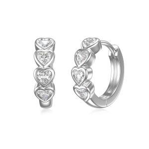 Sterling Silver Shining CZ Heart Hoop Earrings-0