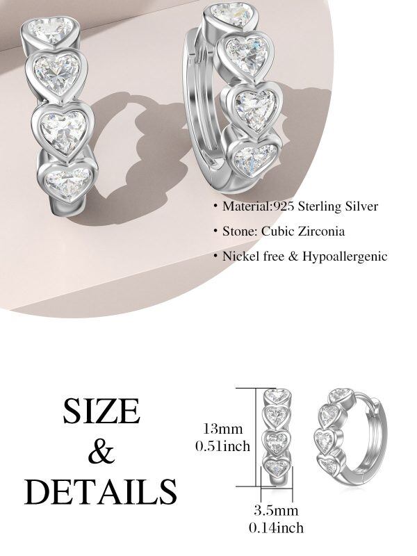 Sterling Silver Shining CZ Heart Hoop Earrings-1