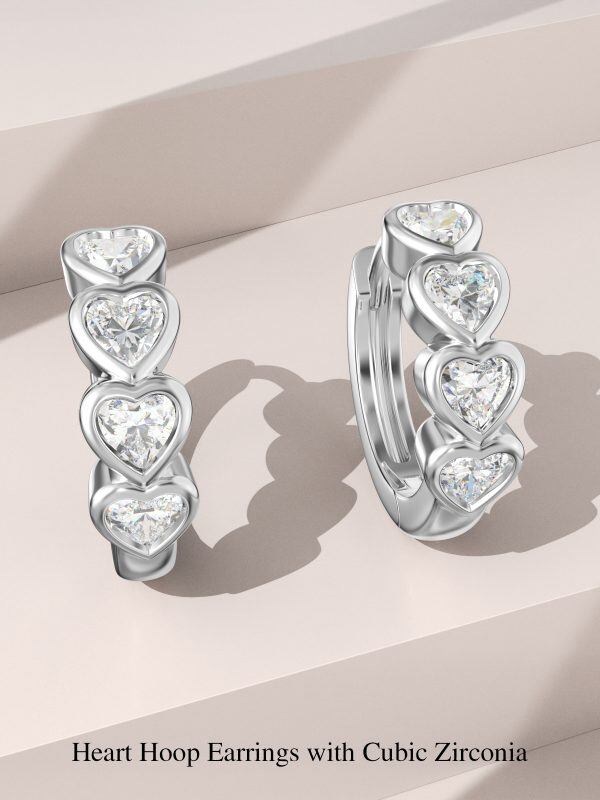 Sterling Silver Shining CZ Heart Hoop Earrings-3