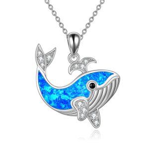 Sterling Silver Cubic Zirconia & Opal Whale Pendant Necklace-0