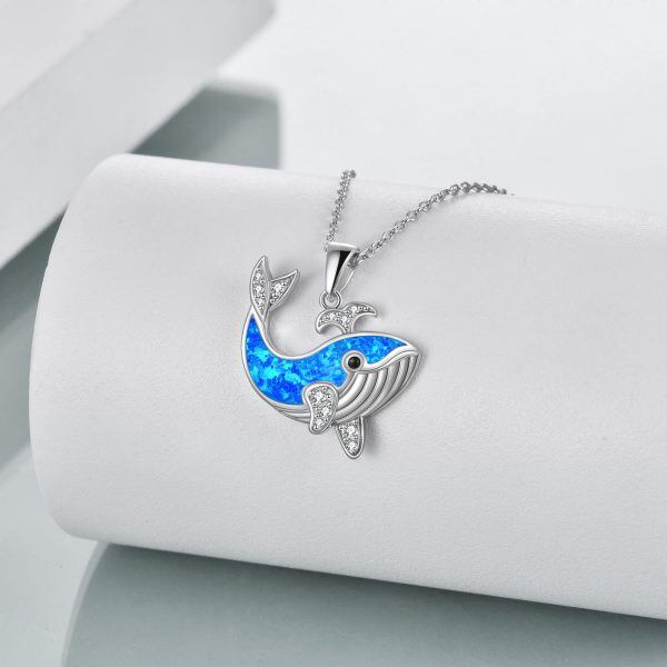 Sterling Silver Cubic Zirconia & Opal Whale Pendant Necklace-1