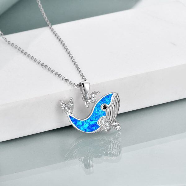 Sterling Silver Cubic Zirconia & Opal Whale Pendant Necklace-2