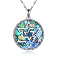 wholesale 925 Sterling Silver Abalone Star of David Pendant Necklace with Multi-Colored Stones and Chain- Rhodium Plated