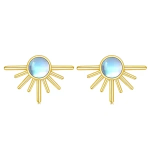 14K Gold Moonstone Sun Stud Earrings-0