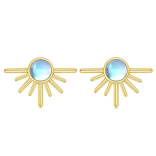 14K Gold Moonstone Sun Stud Earrings-0