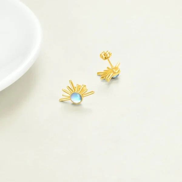 14K Gold Moonstone Sun Stud Earrings-2