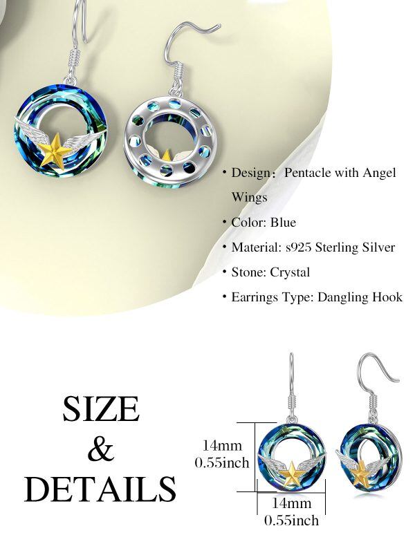 Sterling Silver Angel Wings Dangle Drop Earrings With Blue Crystal-1