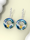 wholesale 925 Sterling Silver Round Blue Crystal Star with Wings and Circle Pendant Drop Earrings-0-3