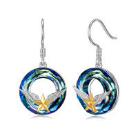 wholesale 925 Sterling Silver Round Blue Crystal Star with Wings and Circle Pendant Drop Earrings- Two Tone