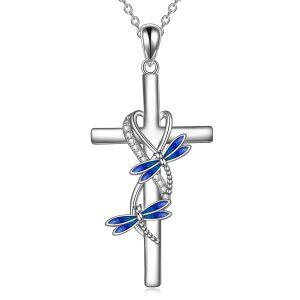 Sterling Silver Dragonfly Cross Pendant Necklaces-0