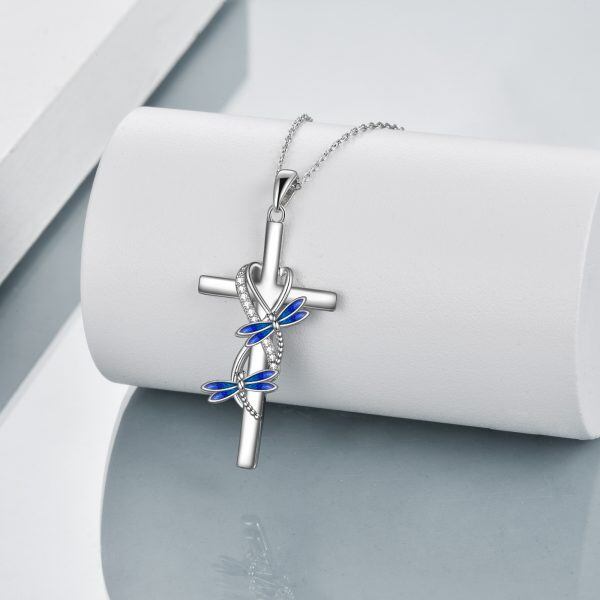 Sterling Silver Dragonfly Cross Pendant Necklaces-3