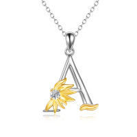 wholesale Metal Stone Sunflower Letter Pendant Necklace for Women - Rhodium And Gold Plated- Rhodium And Gold Plated