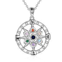wholesale 925 Sterling Silver Compass Flower Pendant Necklace with Multi-Colored Stones for Women- Rhodium Plated