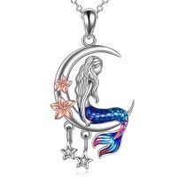 wholesale 925 Sterling Silver Mermaid Moon Pendant Necklace with Stars and Flowers for Women- Rhodium And Rose Gold Plated