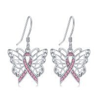 wholesale 925 Sterling Silver Pink Ribbon Crystal Butterfly Drop Earrings- Rhodium Plated