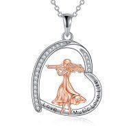 wholesale 925 Sterling Silver Two-Tone Violinist Heart Pendant Necklace with Love Music Life Engraving for Women- rhodium