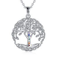 wholesale 925 Sterling Silver Healing Crystals Chakra Tree of Life Yoga Pose Pendant Necklace Gift for Women- Rhodium Plated
