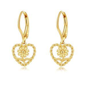 14K Gold Sunflower Heart Shaped Dangle Earring-0