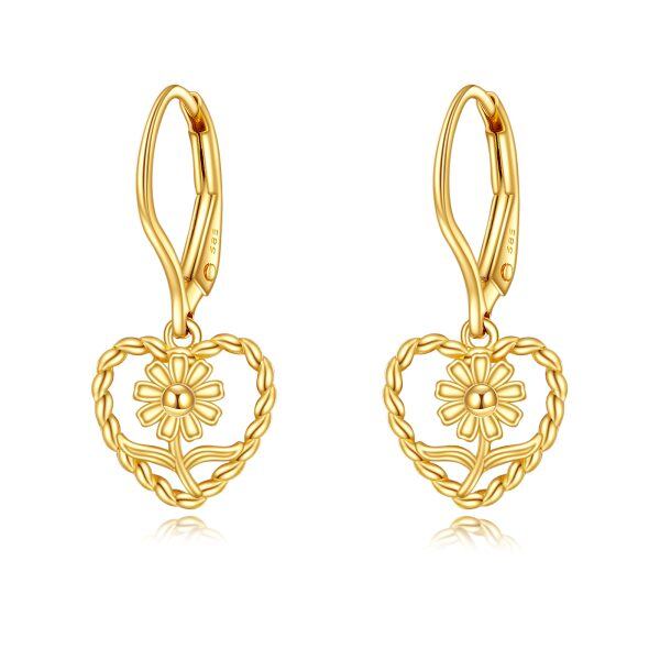 14K Gold Sunflower Heart Shaped Dangle Earring-0