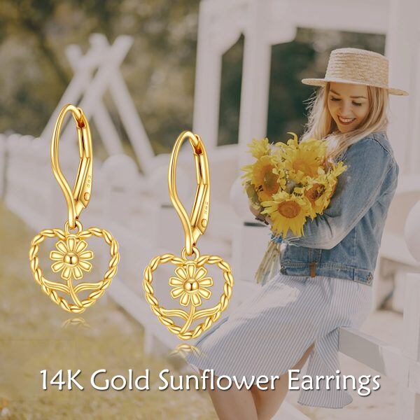 14K Gold Sunflower Heart Shaped Dangle Earring-2