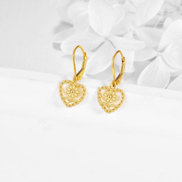 14K Gold Sunflower Heart Shaped Dangle Earring-3