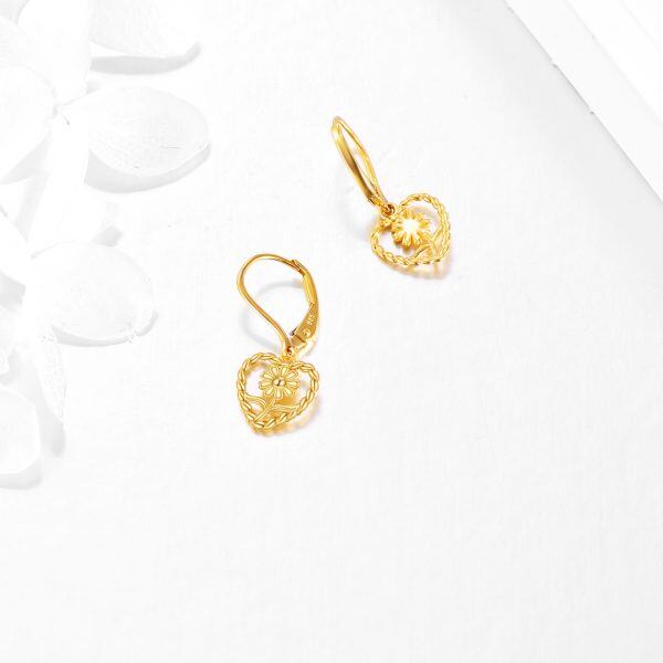 14K Gold Sunflower Heart Shaped Dangle Earring-4