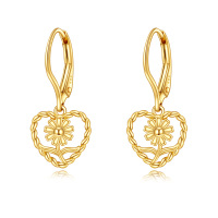wholesale 14K Gold Daisy Flower Heart Rope Twist Filigree Leverback Drop Earrings- Gold Plated