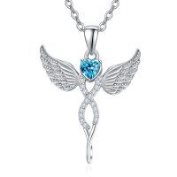 wholesale 925 Sterling Silver Blue Crystal Heart Angel Wings Pendant Necklace for Women- Rhodium Plated